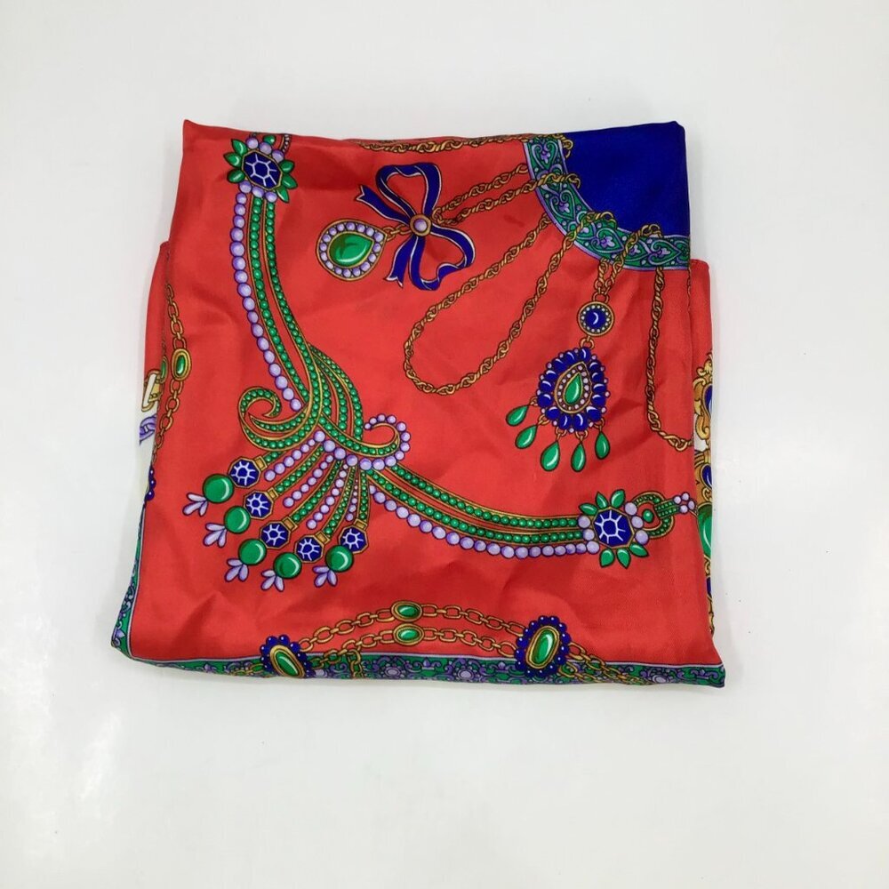 Women's Colorful Vintage Large Square Scarf Jewels Christmas Colors Retro 1980s - Picture 14 of 14